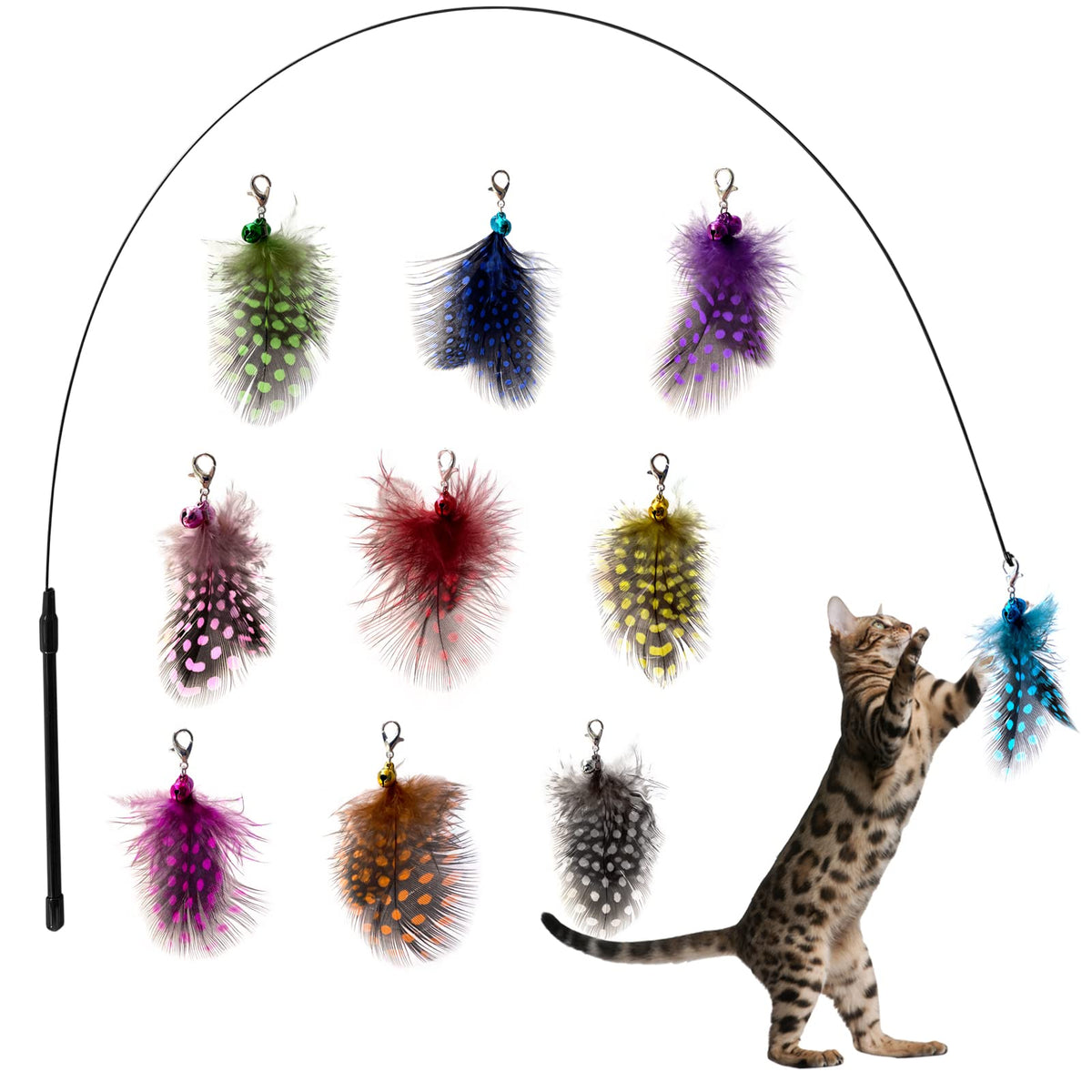 AcceLeah Cat Toys Wand Cat Feather Toys nteractive Cat Toy Detachable 10PCS Feather Replacements 1 Wands Cat Spring Feather Toys for Indoor Cats Kitten Toys