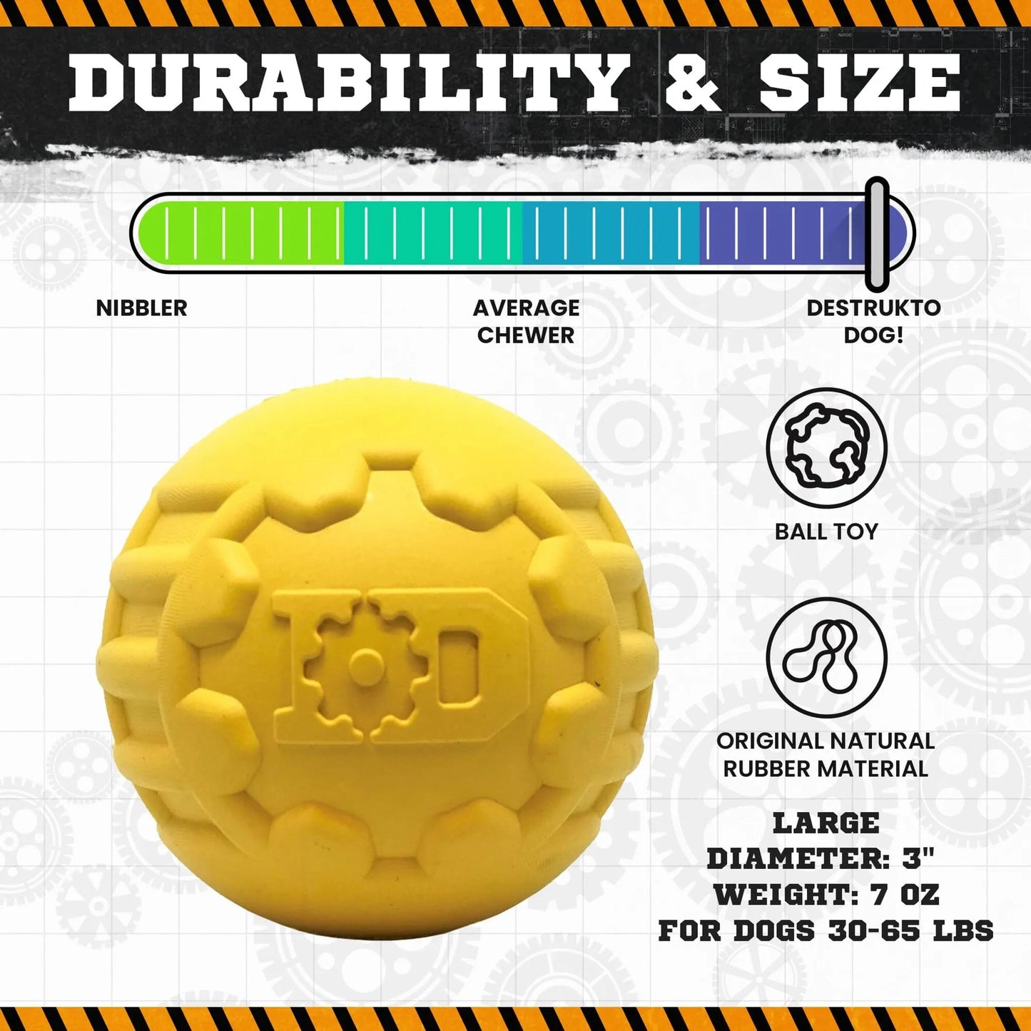 Large 3 inch SodaPup ID ball size chart for heavy chewers 30-65 lbs made from natural rubber