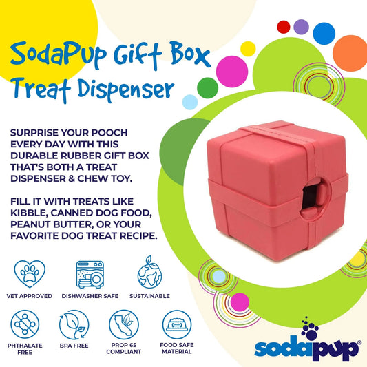 Red cube-shaped natural rubber chew toy with gift box design