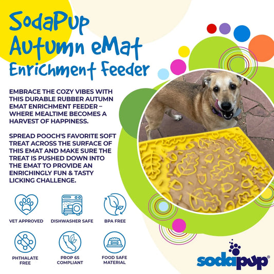 Top view of bright yellow SodaPup eMat autumn leaf pattern with raised contours
