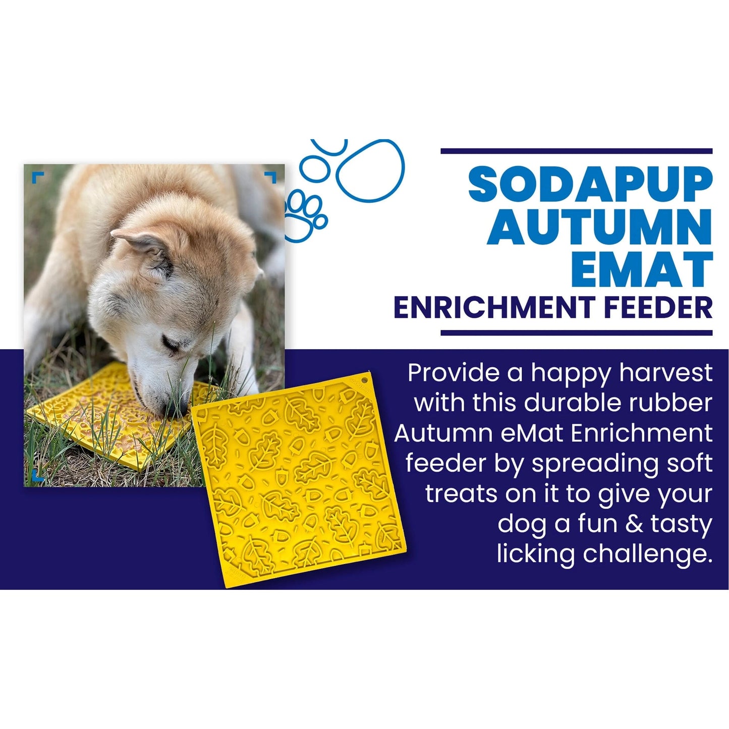 Yellow embossed leaf and acorn lick mat providing fun tasty challenge for pets