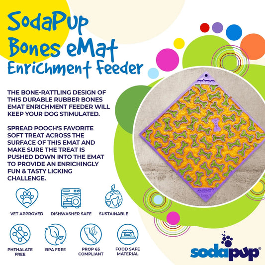 Red SodaPup Bones silicone lick mat with raised bone texture and 'lick me' center