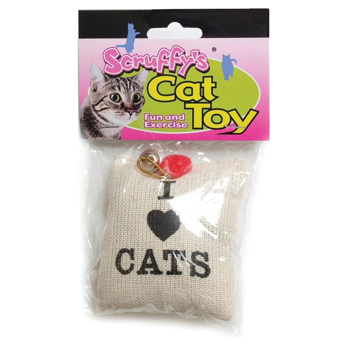 Scruffy's Catnip Burlap Sack Toy with I Love Cats Print and Red Pom-Pom in Packaging
