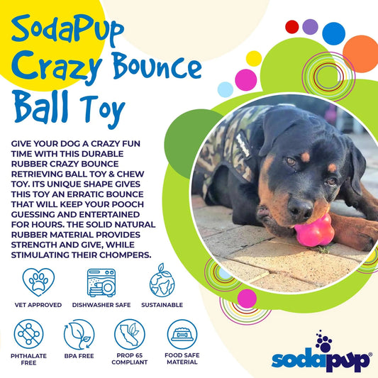 Front view of orange four-lobed solid rubber chew toy with embossed Sodapup logo