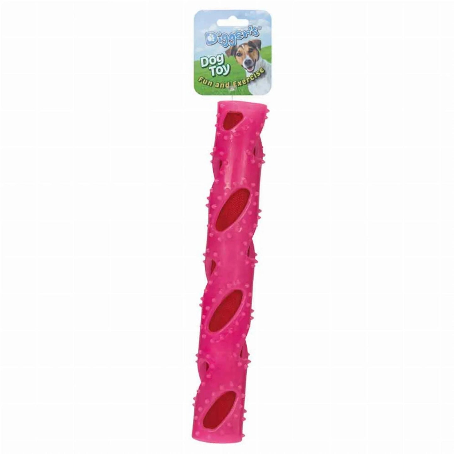 Pink Crinkle Stuff Stick Treat Dispenser with spiral cutouts and textured nubs
