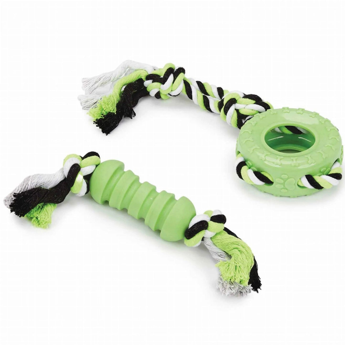 Green and black braided rope tug toy set with TPR rubber core for dogs