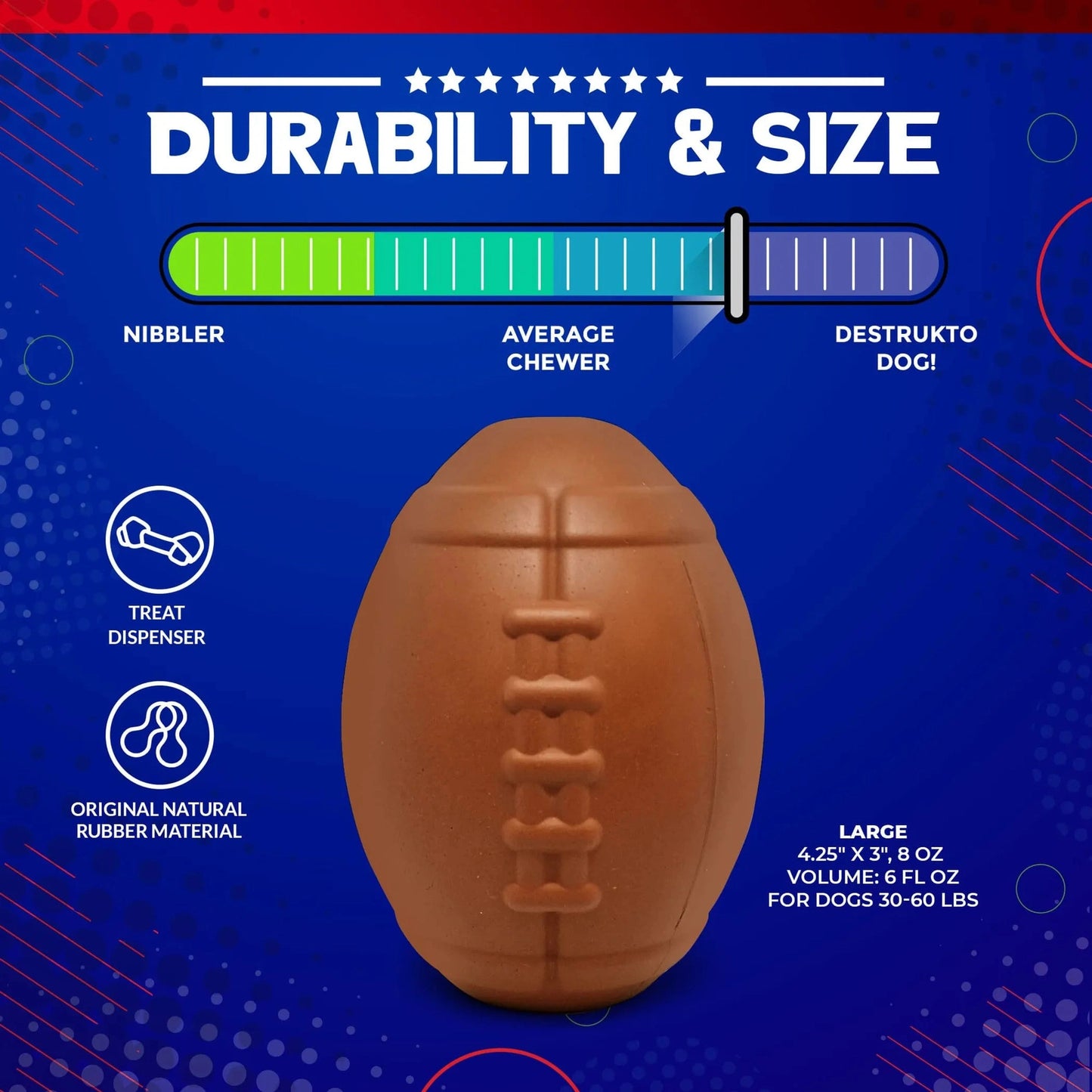 Large 4.25 inch durable natural rubber football treat dispenser for 30-60 lb dogs