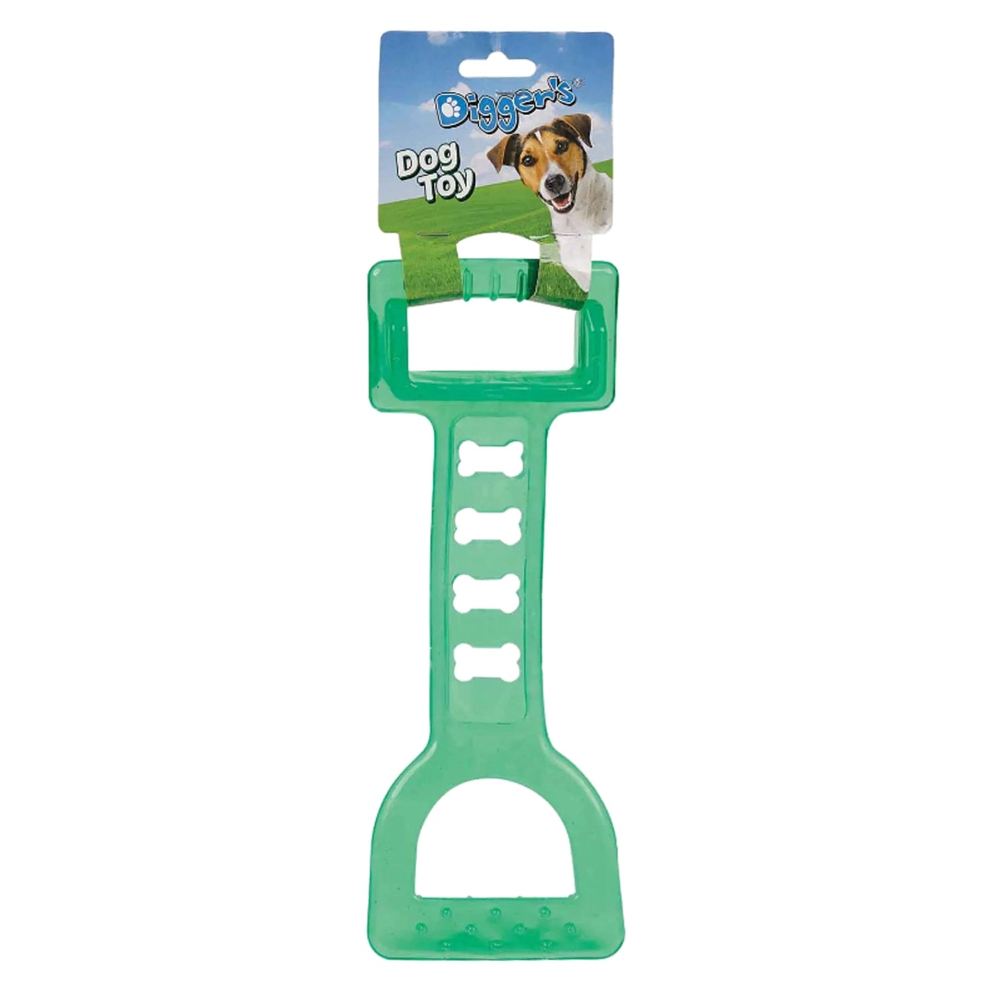 Green Giant TPR Tugger Dog Toy Shovel with Bone Cutouts and Textured Grip