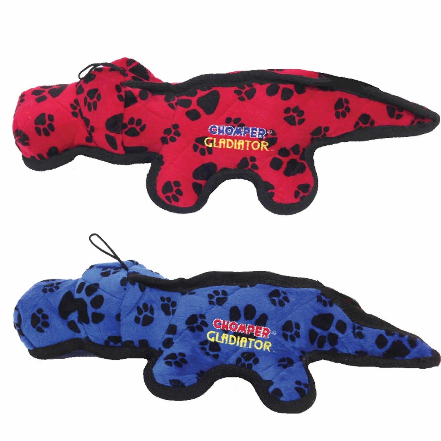 Red and blue Chomper Gladiator Tuff Alligator plush dog toys with quilted texture and embroidered logo