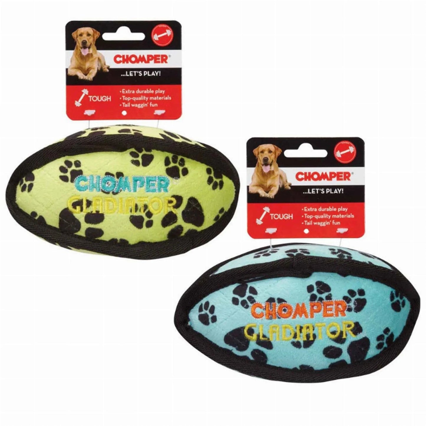 Chomper Gladiator Tuff Football Fetch Toy in lime green and blue with paw print pattern and durable packaging