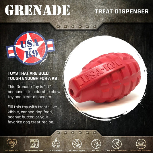 Red USA-K9 Grenade rubber treat dispenser for heavy chewers