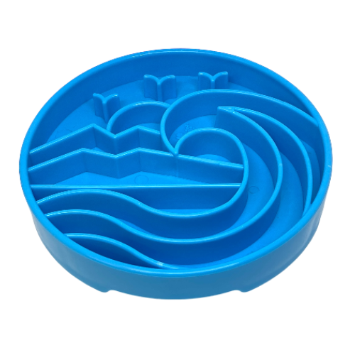 Blue circular slow feeder bowl with hanging loop and logo