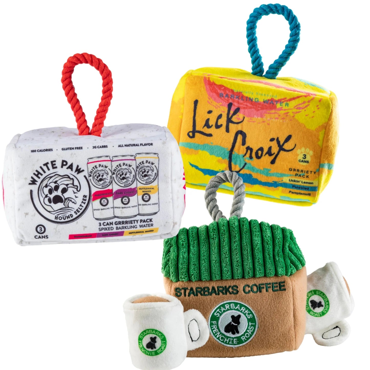 Haute Diggity Dog Interactive Toy Sampler Bundle with plush seltzer, coffee cup, and mug dog toys