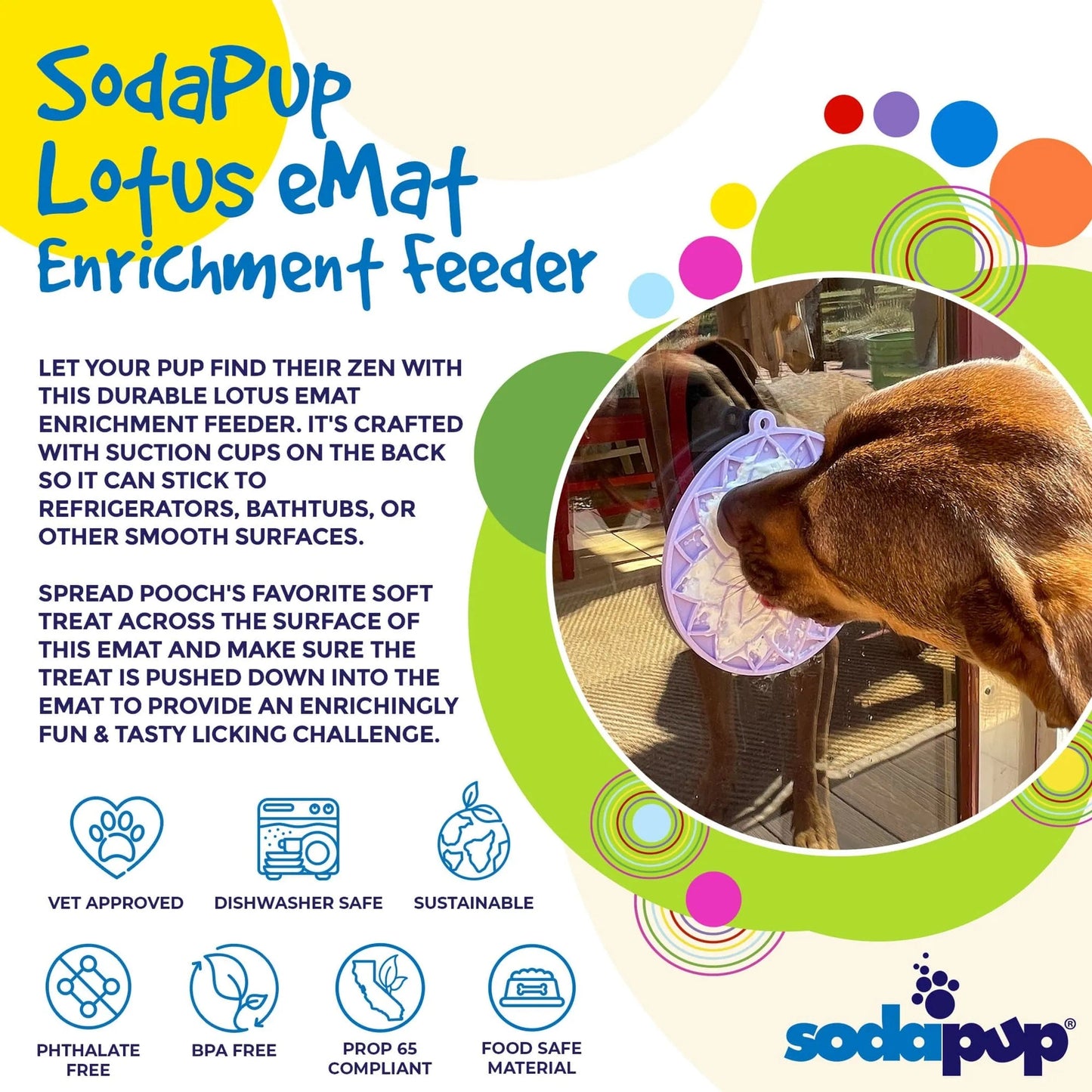 Brown dog using purple SodaPup Lotus eMat suction cup feeder on glass surface with treats