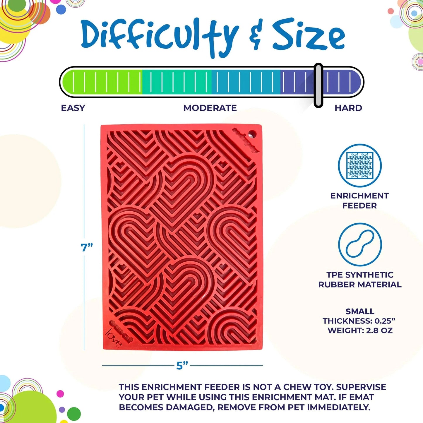 SodaPup red small heart lick mat with difficulty scale and TPE rubber specs