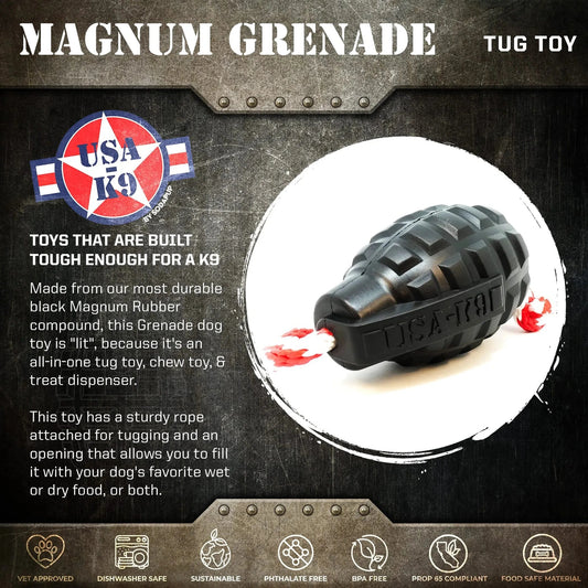Black USA-K9 grenade-shaped rubber dog toy with textured surface and red-white braided rope