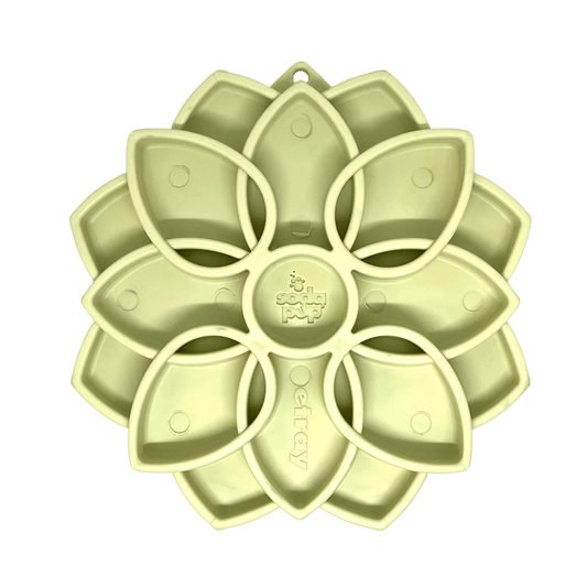 Purple flower-shaped SodaPup eTray mandala slow feeder with embossed logo and suction cups