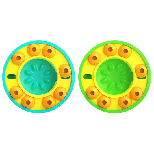 Teal and yellow empty puzzle feeder with eight removable orange dome-shaped cups