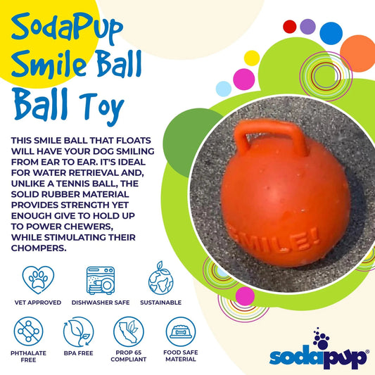 Orange embossed dog face rubber chew ball on white background
