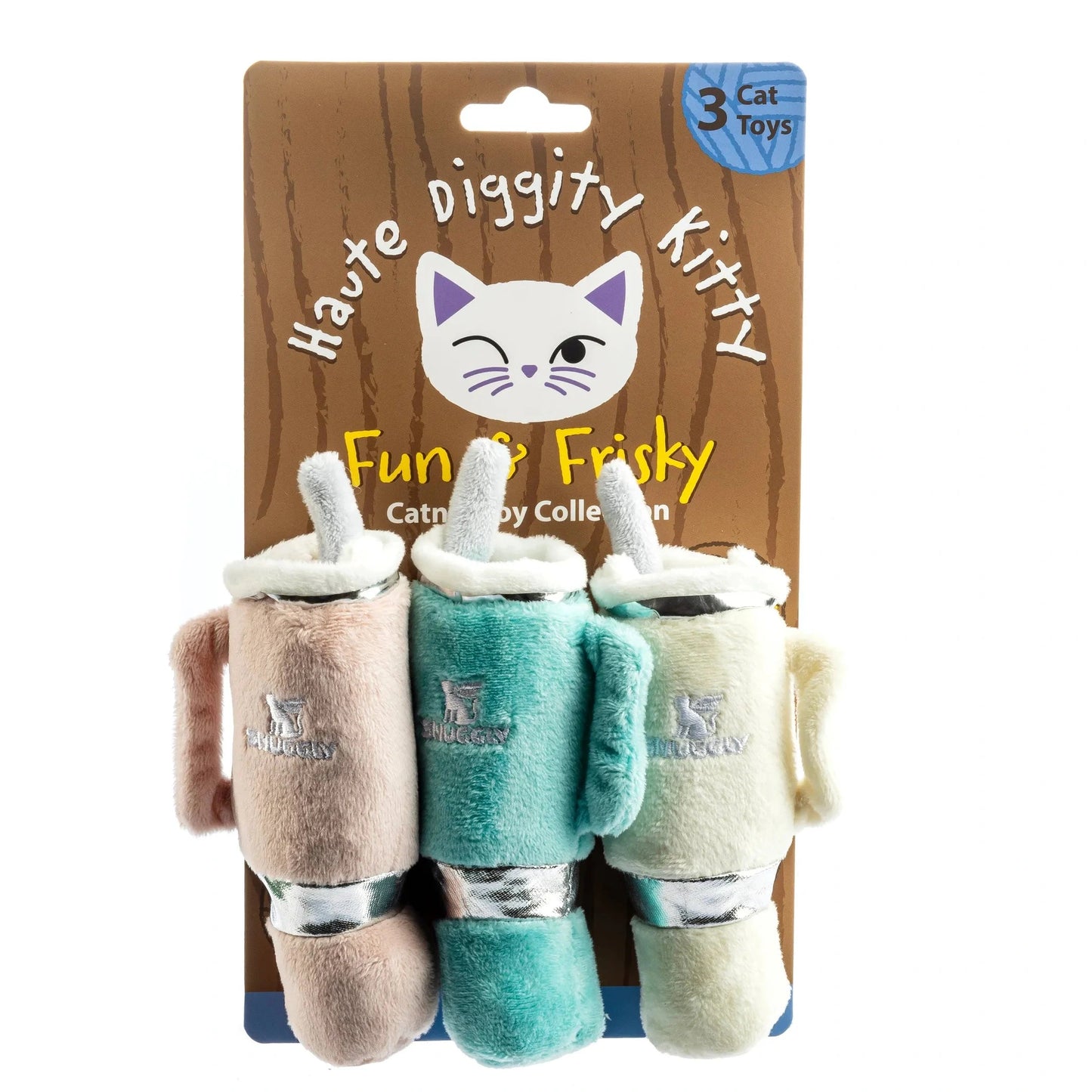 Haute Diggity Dog Snuggly Cup organic catnip toys in beige teal and cream with plush mugs on packaging