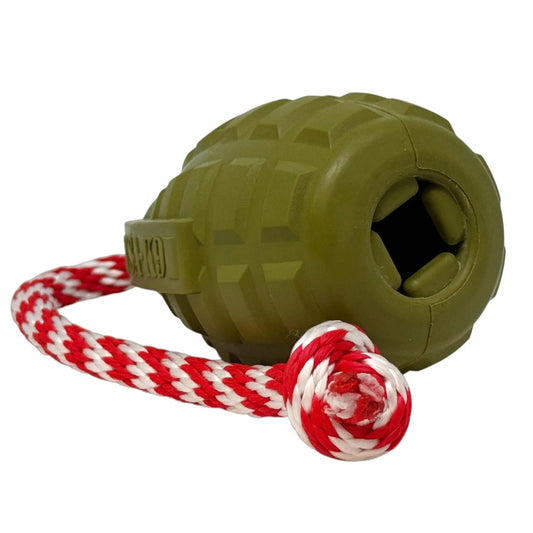 Olive green rubber grenade dog toy with braided rope attachment
