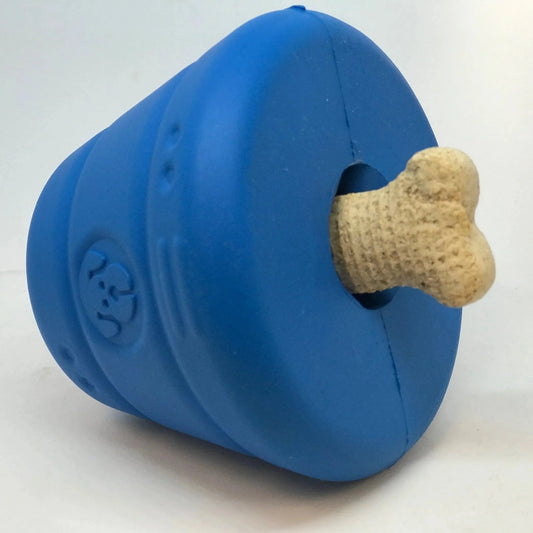 Front view of blue tiered SodaPup Space Capsule rubber dog chew toy with ridges