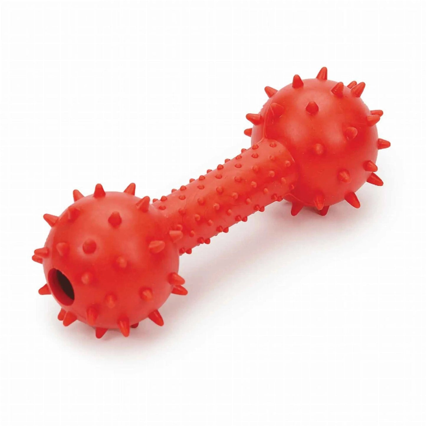 Red spiked TPR dumbbell dog chew toy with bell for mental enrichment and tough chewing