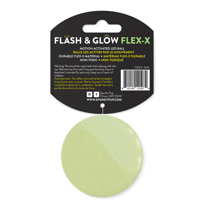 Spunky Pup Flash & Glow Flex-X LED ball hang tag showing durable non-toxic motion activated features