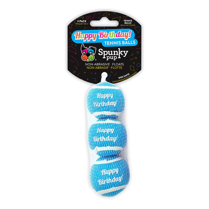 Spunky Pup Happy Birthday tennis ball 3-pack in blue with white stripes and non-abrasive float design