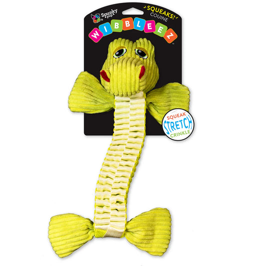 Spunky Pup Wibbleez Tug & Toss Dog Toy set in orange monkey, blue elephant, and yellow alligator with squeaker