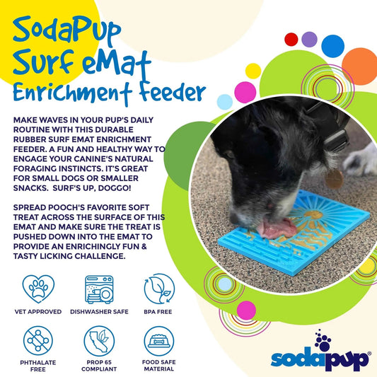 Blue surfboard and wave pattern SodaPup eMat lick mat front view