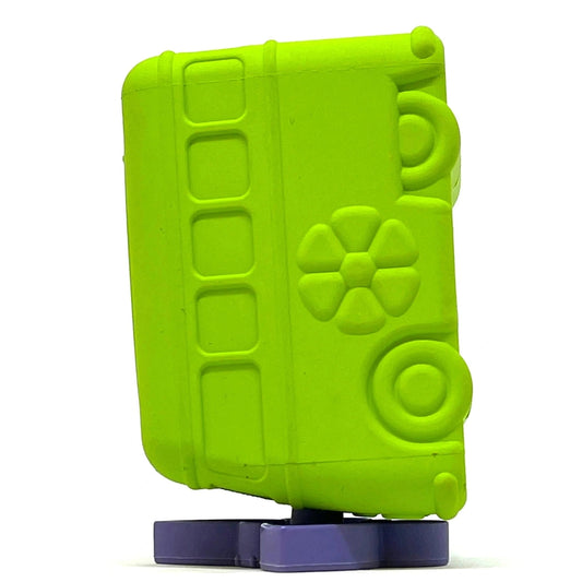Four colorful plastic treat dispenser accessories featuring smiley butterfly, sunflower, heart with LOVE text, and paw shapes for upright freezing