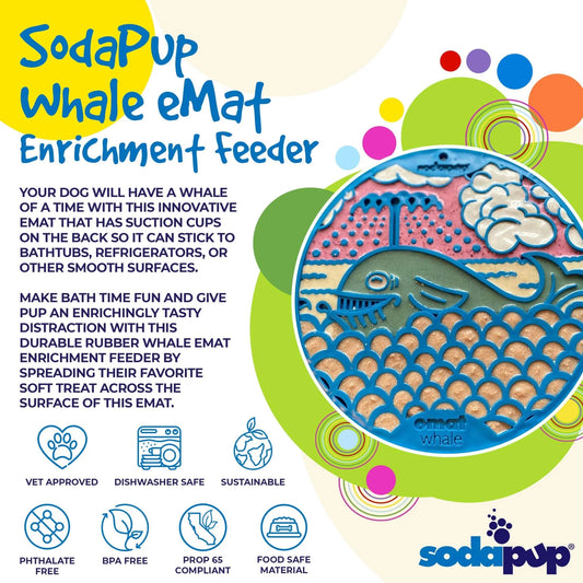 Blue silicone whale lick mat with suction cups for dog bath time enrichment