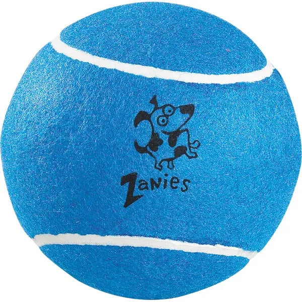Blue Zanies oversized tennis ball with white stripes and cartoon dog logo