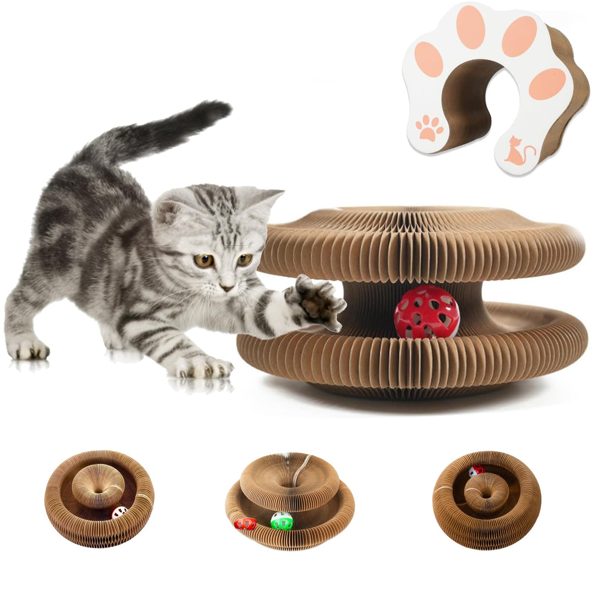 Kitty Kurlz Cat Toy Magic Organ Cat Scratch Board Foldable Cat Accordion Toy with Ball Cardboard Cat Scratcher Interactive Cat Toys for Indoor Cats Cat Enrichment Toys for Indoor Cats (1 PCS)