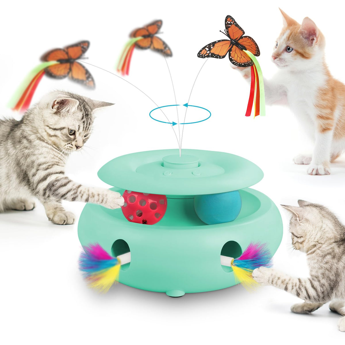 INKZOO Interactive Cat Toy Automatic Cat Toys for Indoor Cats 3-in-1 Electric Cat Toy USB Rechargeable Ambush Feather Fluttering Butterfly Track Balls Kitten Toy Cat Exercise Toys (Tiffany Blue)