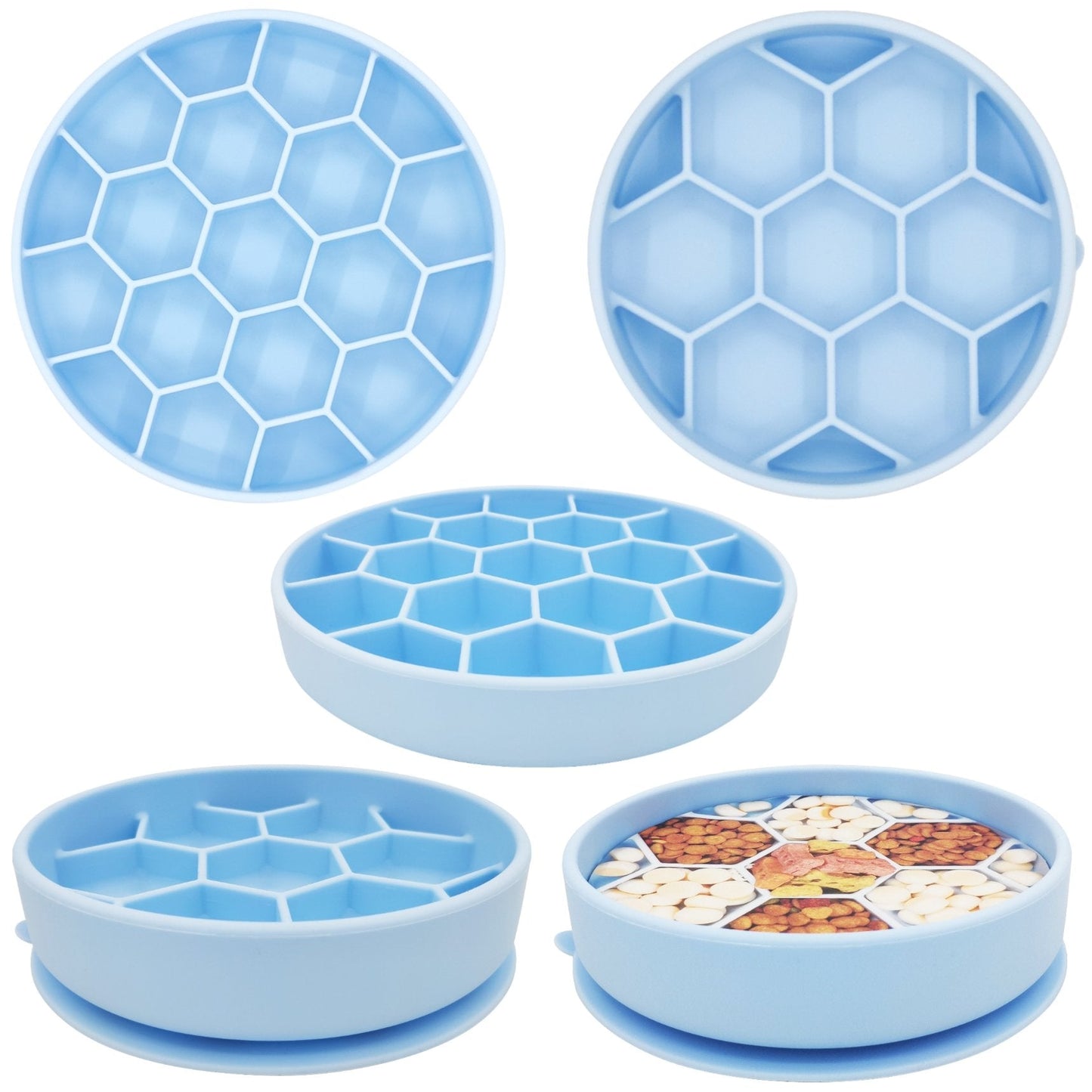 Mr. Peanut's light blue silicone slow feeder dog bowl with suction base and kibble variety
