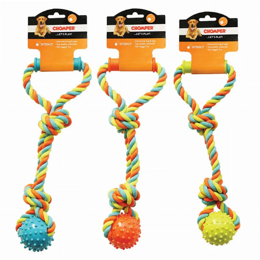 CHP Rope Tugger w/ Spike Ball & Handle in orange teal lime green with blue orange yellow balls
