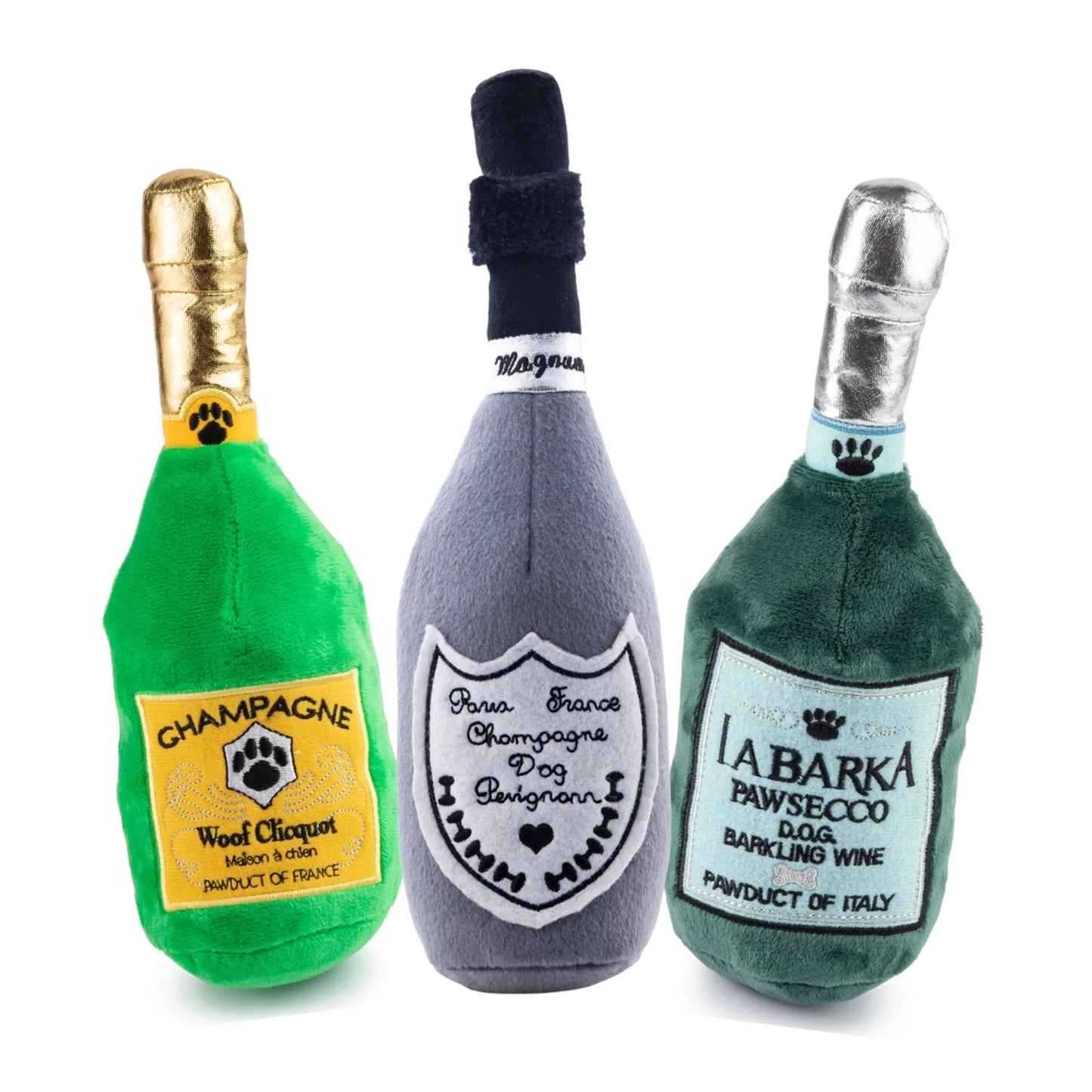 Three plush champagne bottle dog squeaker toys in green, gray, and dark green with foil necks