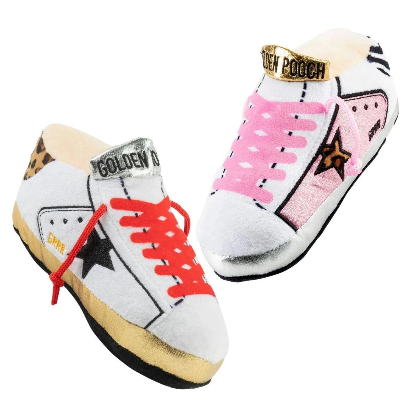 Golden Pooches sneaker plush dog toy bundle with leopard print and pink glitter details