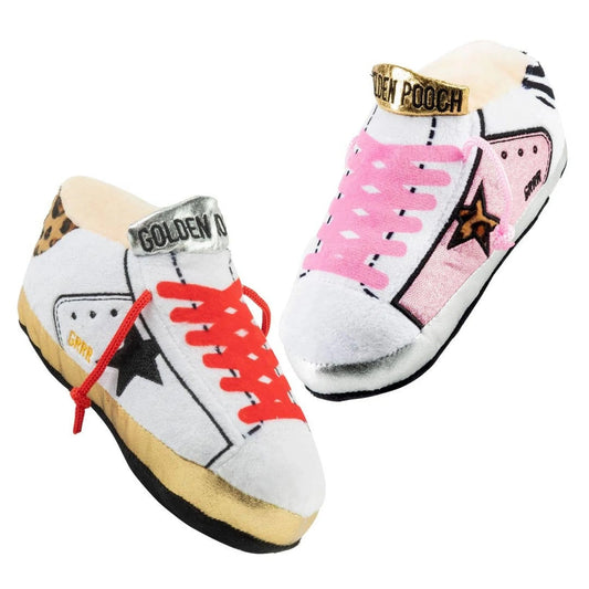 Haute Diggity Dog Golden Pooches squeaker plush sneakers featuring red laces and gold soles
