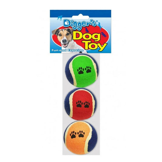 Digger's 3-pack tennis ball fetch toys for dogs in green, red, and orange with navy accents