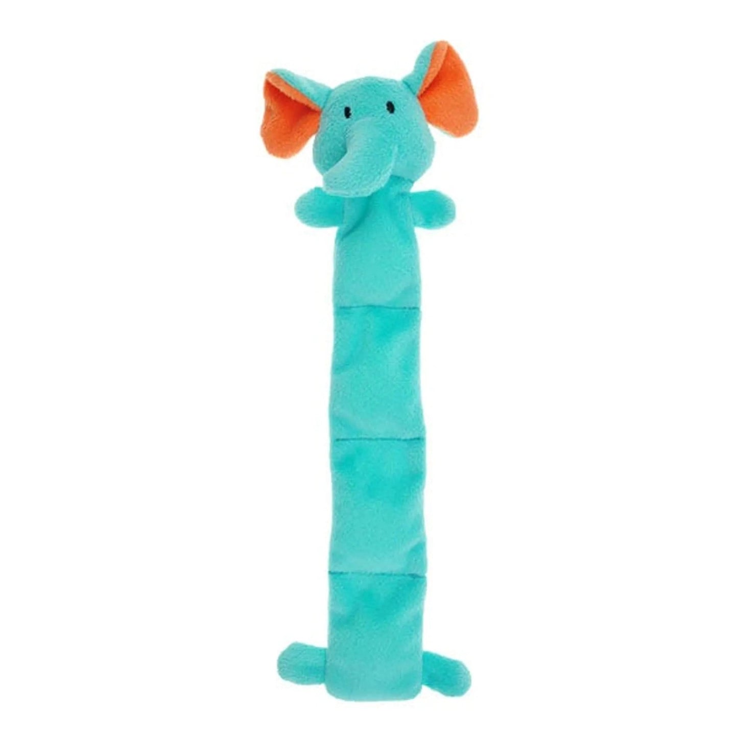 Turquoise 4 Squeaker Mat Elephant Plush Toy with orange ears for dog and cat mental enrichment