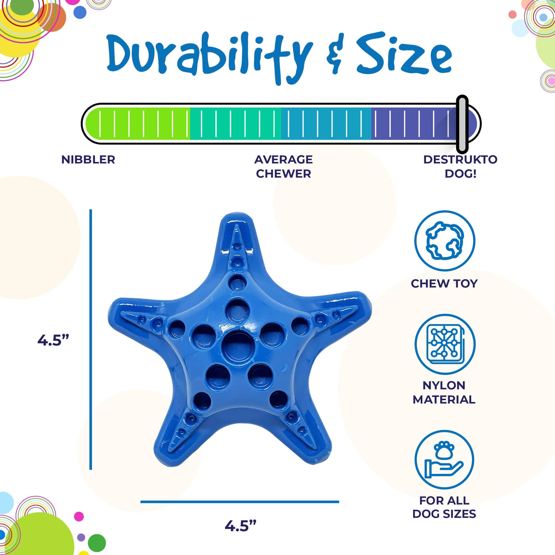 Blue nylon starfish chew toy durability chart for super chewers
