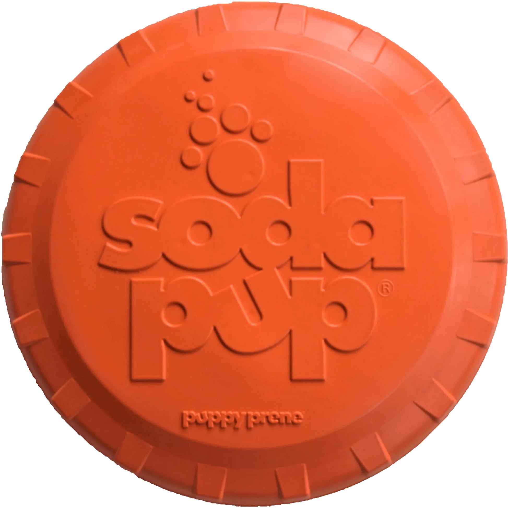 Top view of orange rubber dog frisbee with raised grip rim and brand logo