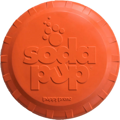 Top view of orange rubber dog frisbee with raised grip rim and brand logo