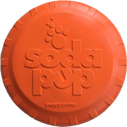 Top view of orange rubber dog frisbee with raised grip rim and brand logo