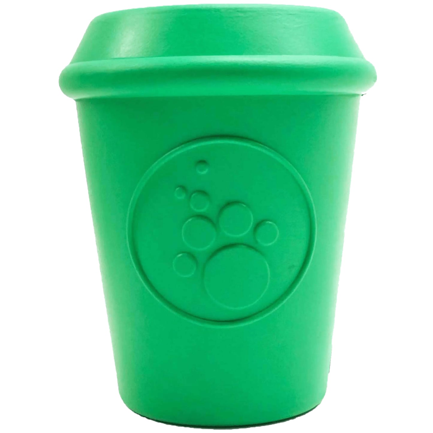 Solid green coffee cup rubber treat dispenser with paw print logo