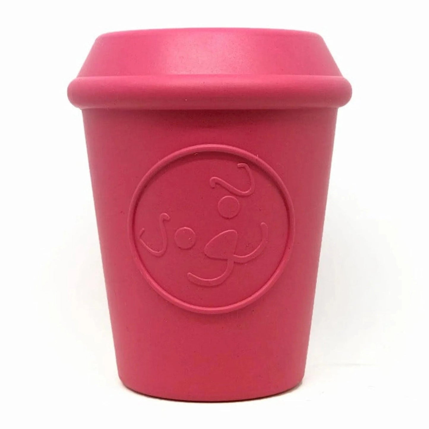 Solid pink coffee cup rubber treat dispenser with dog face logo