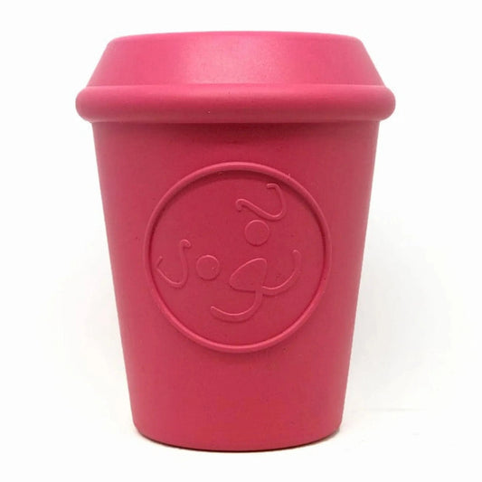 Solid pink coffee cup rubber treat dispenser with dog face logo